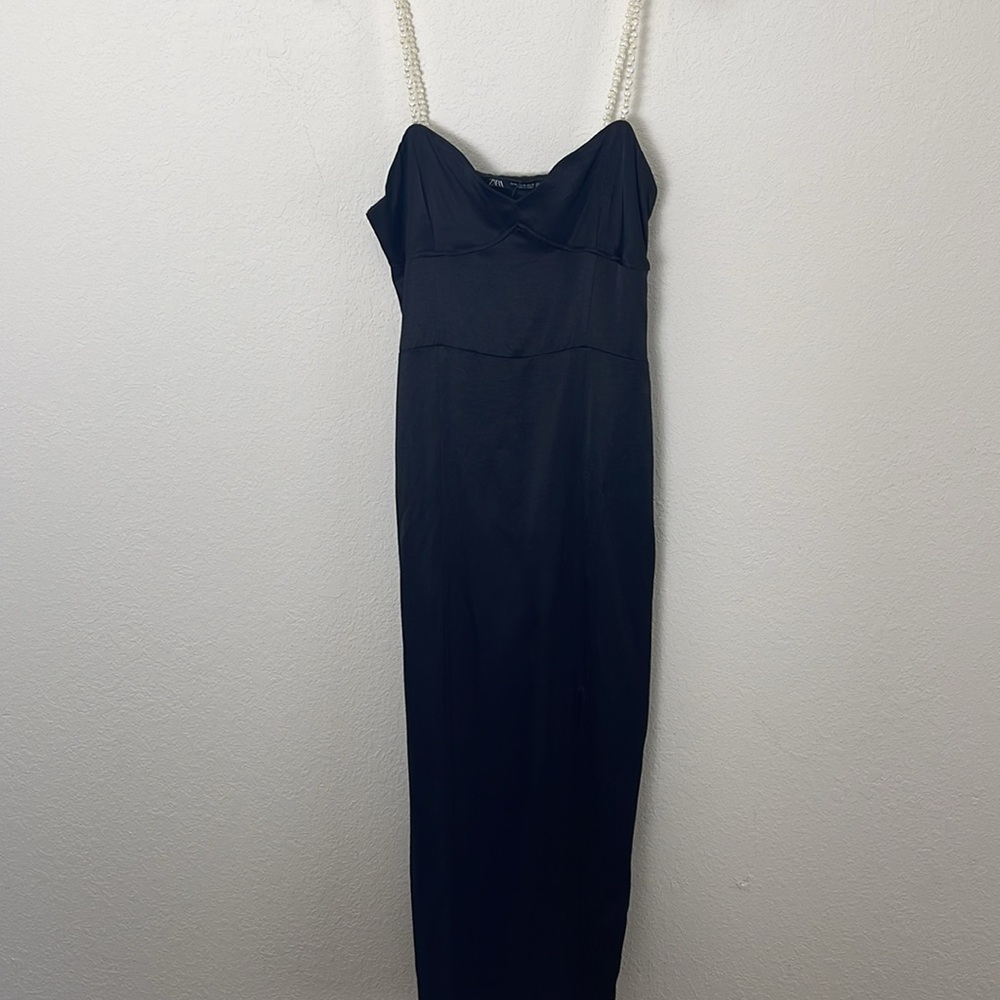 Zara satin midi dress with faux pearl straps - Picture 4 of 9
